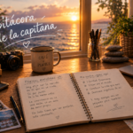 Escritorio frente al mar al atardecer con journal de páginas matutinas abierto, taza de café, brújula, mapa y cámara analógica, con texto "Bitácora de la capitana" en tipografía manuscrita