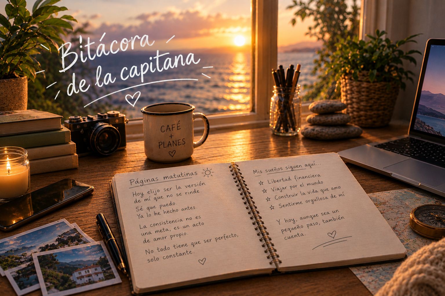 Escritorio frente al mar al atardecer con journal de páginas matutinas abierto, taza de café, brújula, mapa y cámara analógica, con texto "Bitácora de la capitana" en tipografía manuscrita