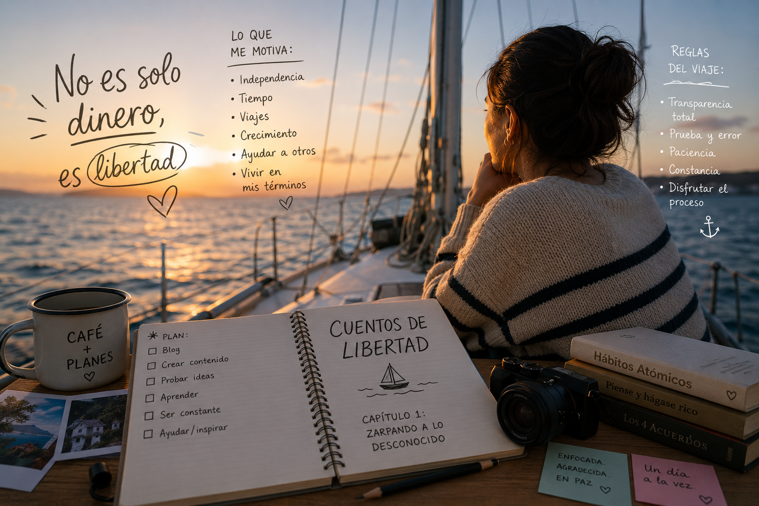 Mujer mirando el horizonte desde un velero al atardecer, con un cuaderno que dice "Cuentos de Libertad - Capítulo 1: Zarpando a lo desconocido", libros de desarrollo personal y notas con motivaciones personales