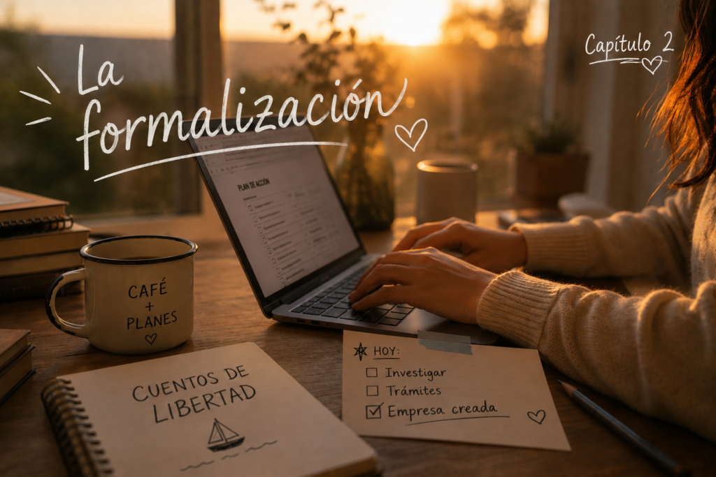 Manos femeninas escribiendo en un laptop al atardecer, con cuaderno de Cuentos de Libertad, taza de café y lista de tareas con "Empresa creada" marcado, luz dorada entrando por la ventana