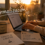 Manos femeninas escribiendo en un laptop al atardecer, con cuaderno de Cuentos de Libertad, taza de café y lista de tareas con "Empresa creada" marcado, luz dorada entrando por la ventana