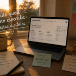 Laptop mostrando la plataforma de encuestas con proyectos disponibles, rodeado de notas con aprendizajes y el primer ingreso de $21.344 CLP, taza de café con luz de atardecer y post-it que dice Capítulo 3