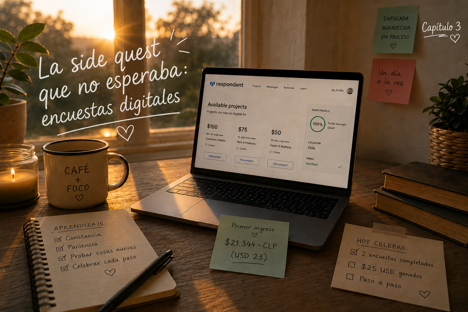 Laptop mostrando la plataforma de encuestas con proyectos disponibles, rodeado de notas con aprendizajes y el primer ingreso de $21.344 CLP, taza de café con luz de atardecer y post-it que dice Capítulo 3