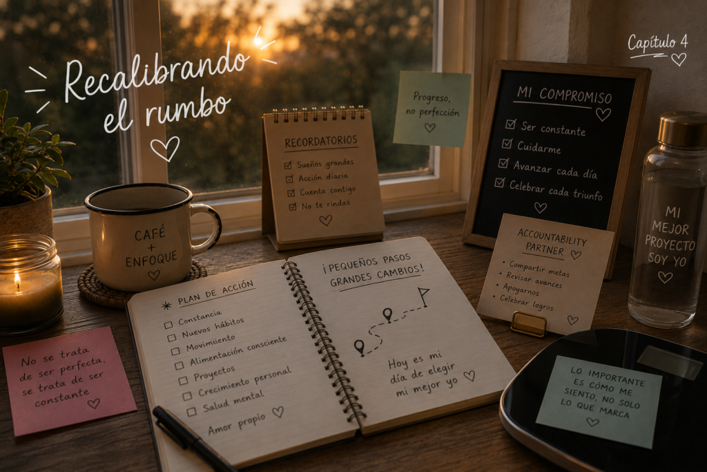 Escritorio con cuaderno de plan de acción, pizarra con compromisos, taza de café, balanza y notas motivacionales sobre constancia y autocuidado, con luz de atardecer