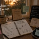 Escritorio con cuaderno de plan de acción, pizarra con compromisos, taza de café, balanza y notas motivacionales sobre constancia y autocuidado, con luz de atardecer